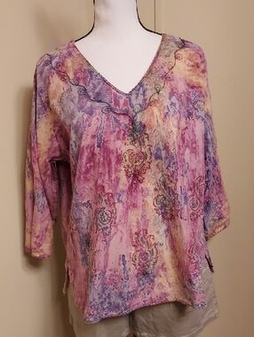 Women’s V-Neck Watercolor Print Blouse - Pink Multi